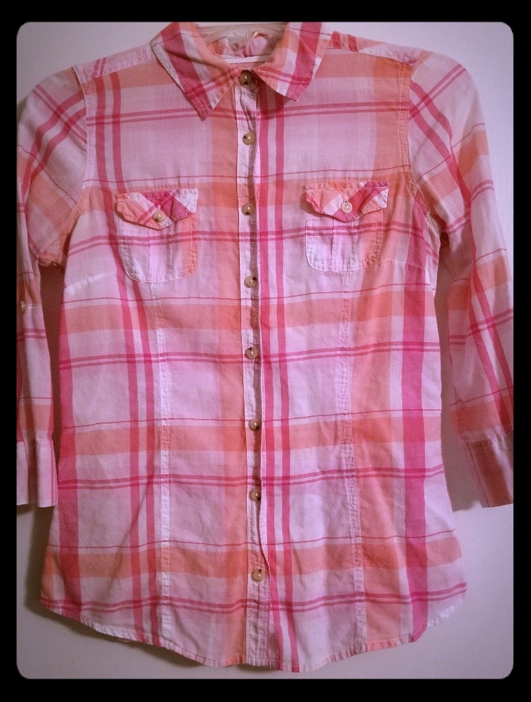 Button Down, Mid-Sleeve Shirt Light Peach & Orange